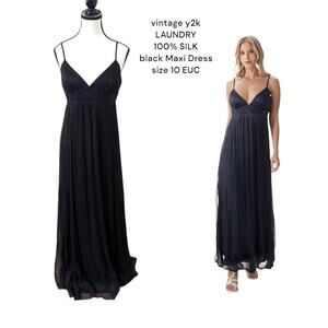vintage‎ Y2k LAUNDRY 100% SILK BLack Whimsy goth maxi Dress size 10 EUC.